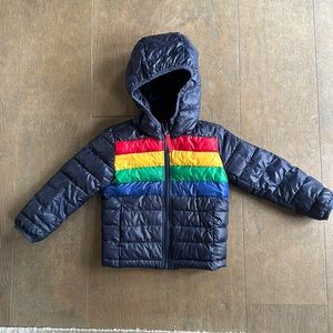 Primary Kids Puffer Jacket - Navy with Rainbow Stripes